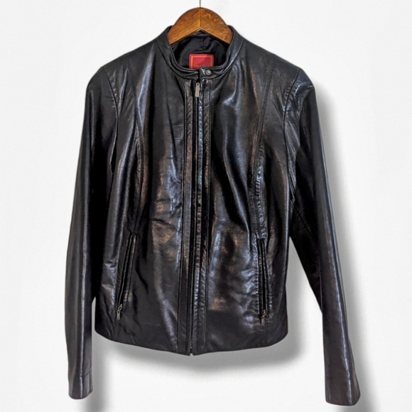 Cole Haan City | Black Lambskin Leather Vented Racer Jacket Women's Size M - Picture 3 of 7